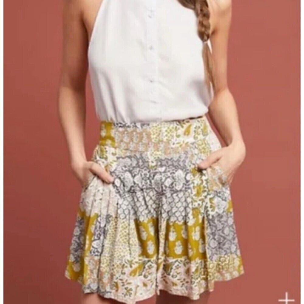 Anthropologie Maeve Patchwork Pleated Shorts Pull On Flowy XS Boho Cottagecore